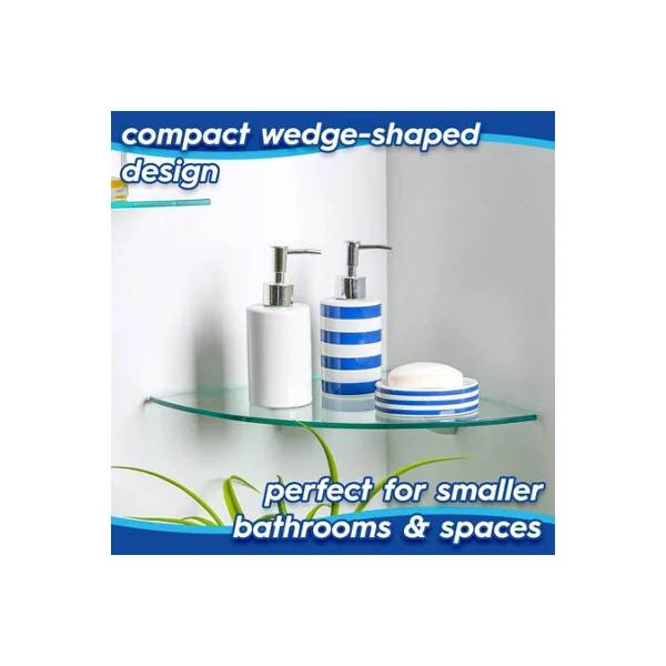 Harbour Housewares 2x Floating Glass Corner Shelves - 30cm - Silver Brackets - Bathroom Shower Storage Vanity Display Unit Shelf