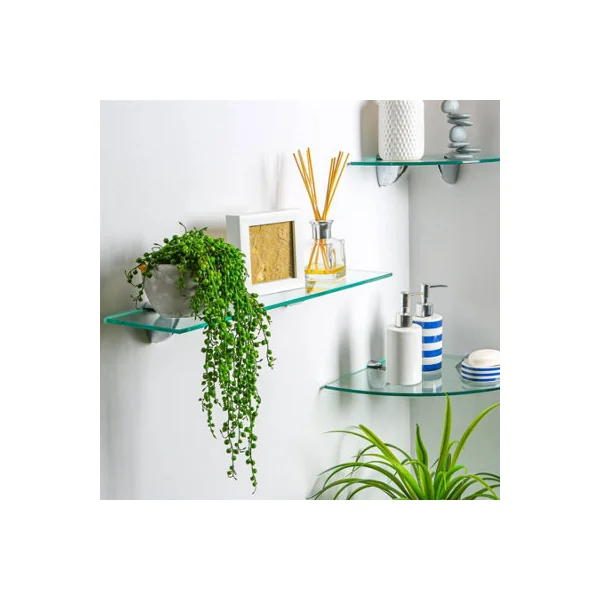 Harbour Housewares 2x Rounded Floating Glass Shelves - 60cm - Silver Brackets - Bathroom Shower Storage Vanity Display Unit Shelf