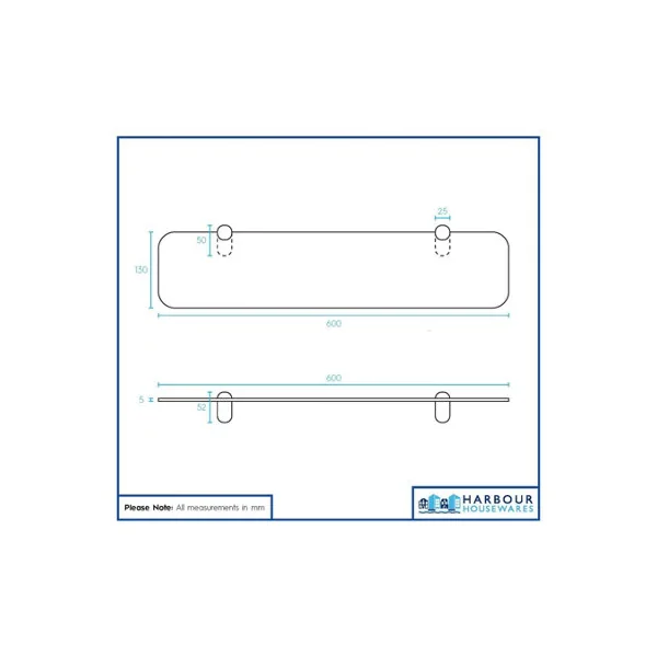 Harbour Housewares 2x Rounded Floating Glass Shelves - 60cm - Silver Brackets - Bathroom Shower Storage Vanity Display Unit Shelf