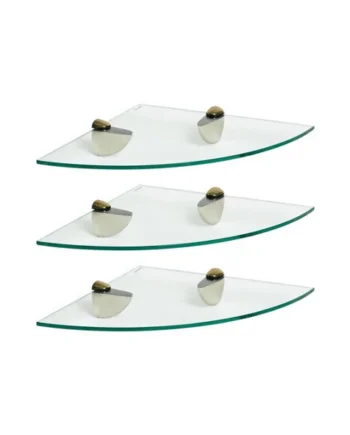 Harbour Housewares 3x Floating Glass Corner Shelves - 30cm - Gold Brackets - Bathroom Shower Storage Vanity Display Unit Shelf