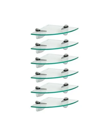 Harbour Housewares 6x Floating Glass Corner Shelves - 20cm - Silver Brackets - Bathroom Shower Storage Vanity Display Unit Shelf