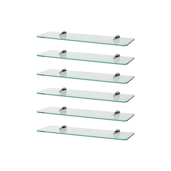 Harbour Housewares 6x Rounded Floating Glass Shelves - 50cm - Silver Brackets - Bathroom Shower Storage Vanity Display Unit Shelf