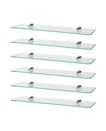 Harbour Housewares 6x Rounded Floating Glass Shelves - 60cm - Silver Brackets - Bathroom Shower Storage Vanity Display Unit Shelf