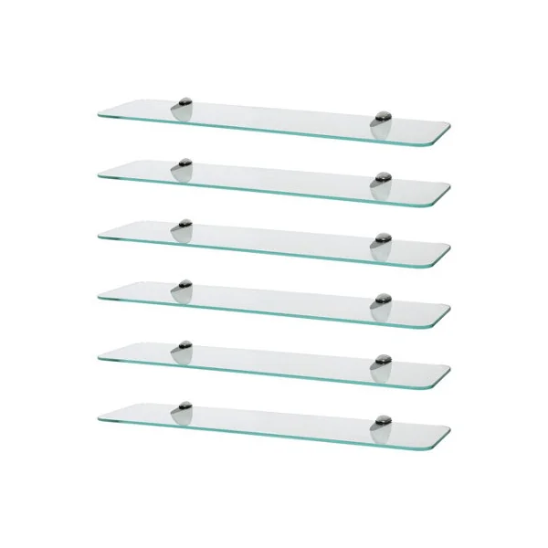 Harbour Housewares 6x Rounded Floating Glass Shelves - 60cm - Silver Brackets - Bathroom Shower Storage Vanity Display Unit Shelf