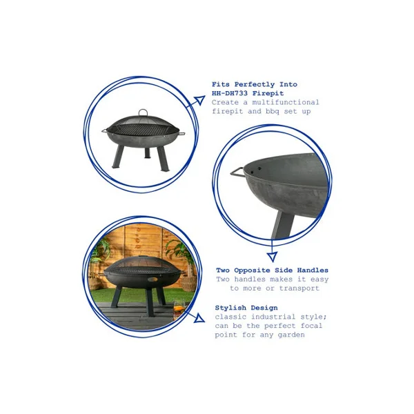 Harbour Housewares 72.5cm Fire Pit BBQ Grill - Round Metal Cooking Grill Steel Mesh for Barbecues, Cooking & Camping