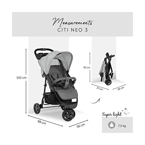 hauck Citi Neo 3, Grey - 3 Wheeled Pushchair with Raincover, Cup Holder & Tray, Lightweight (only 7.5 kg), Compact & One Hand Folding, XL Basket, from Birth up to 22 kg