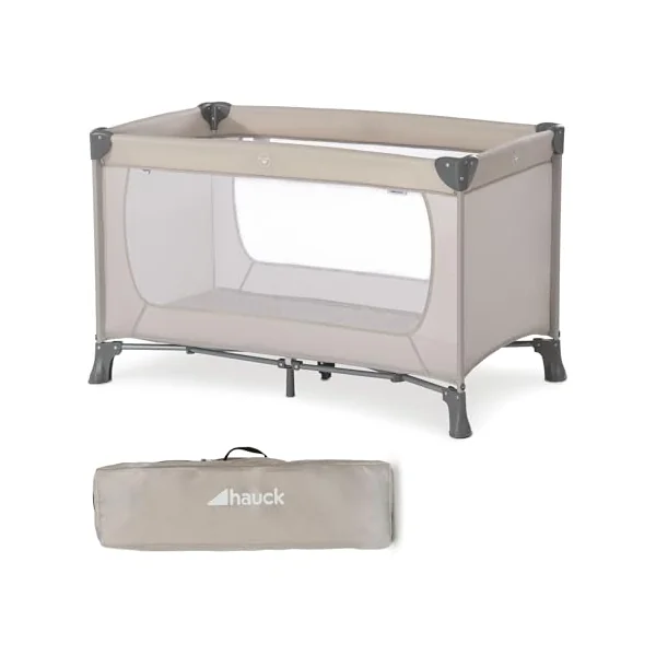 hauck Dream N Play, Beige - Travel Cot with Transport Bag for Babies & Toddlers, Lightweight, Fast & Compact Folding, 120cm x 60cm, from Birth up to 15 kg