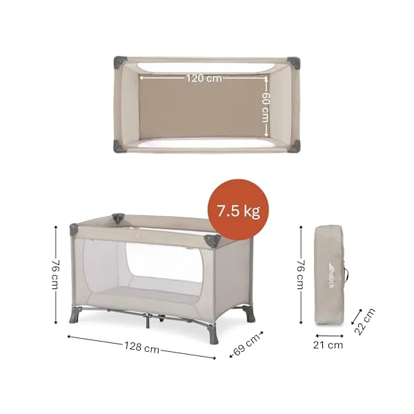hauck Dream N Play, Beige - Travel Cot with Transport Bag for Babies & Toddlers, Lightweight, Fast & Compact Folding, 120cm x 60cm, from Birth up to 15 kg