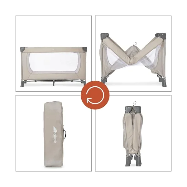 hauck Dream N Play, Beige - Travel Cot with Transport Bag for Babies & Toddlers, Lightweight, Fast & Compact Folding, 120cm x 60cm, from Birth up to 15 kg