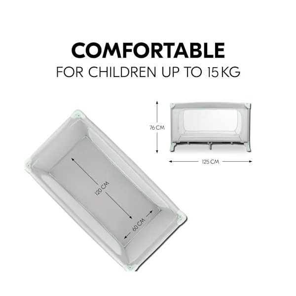 hauck Dream N Play PLUS, Dusty Mint - Travel Cot for Babies & Toddlers with XL Hatch, Travel Bag, Lightweight, Fast & Compact Folding, 120cm x 60cm, from Birth up to 15 kg