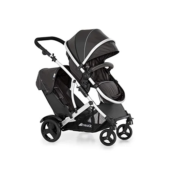 hauck Duett 2, Black - Baby & Toddler Tandem Pushchair with Raincover, Carrycot Convertible to Reversible Seat from Birth up to 15 kg & Second Seat from 6 Months, Compact & Foldable, Height-Adjustable