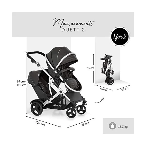 hauck Duett 2, Black - Baby & Toddler Tandem Pushchair with Raincover, Carrycot Convertible to Reversible Seat from Birth up to 15 kg & Second Seat from 6 Months, Compact & Foldable, Height-Adjustable