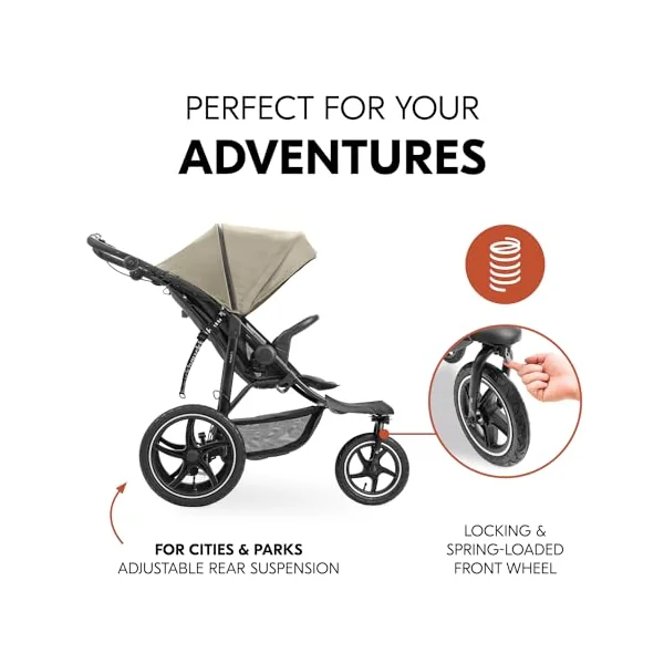 hauck Runner 3, Olive Heavy Duty All-Terrain Stroller with Handbrake, XL Sunshade, Cup Holder, Rain Cover, XL Air Wheels, Reclining Backrest from Birth to 22kg, Handle