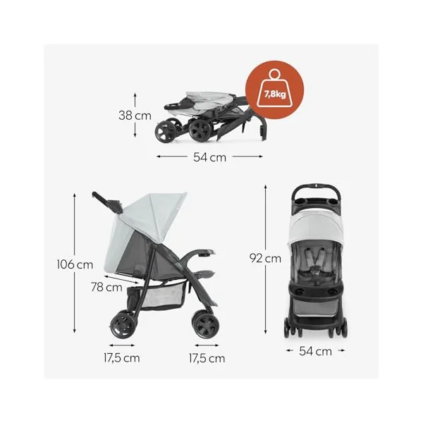 hauck Shopper Neo II, Grey - Lightweight Pushchair with Snack Tray, Cup Holder & Raincover, Compact & One Hand Folding, Fully Reclining from Birth up to 22 kg