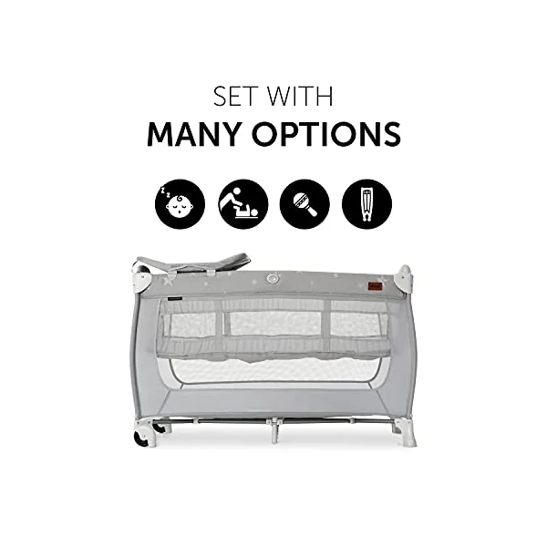 hauck Sleep N Play Center, Stars - Travel Cot Set with Changing Mat, Newborn Height, Hatch, Wheels & Travel Bag, Fast & Compact Folding, from Birth up to 15 kg, 120cm x 60cm