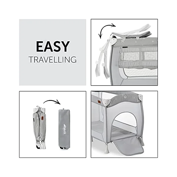 hauck Sleep N Play Center, Stars - Travel Cot Set with Changing Mat, Newborn Height, Hatch, Wheels & Travel Bag, Fast & Compact Folding, from Birth up to 15 kg, 120cm x 60cm