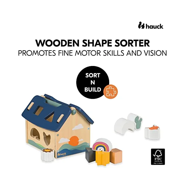 hauck Sort N Build - Baby Shape Sorter House with 8 Blocks 1+ Years, Early Development & Activity Toy Trains Motor Skills & Hand Eye Coordination, Toddler Learning Toy Made of FSC® Certified Wood