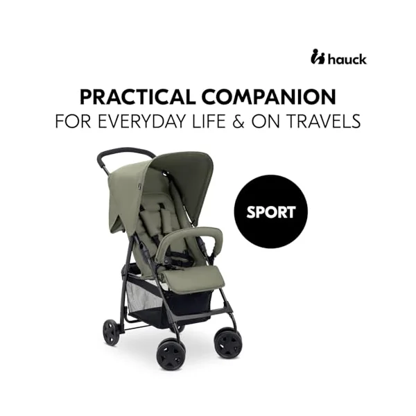 hauck Sport, Olive - Super Lightweight Travel Pushchair with Raincover (only 5.9 kg) Compact & Foldable, Fully Reclining, XL Storage Basket, from Birth up to 15 kg