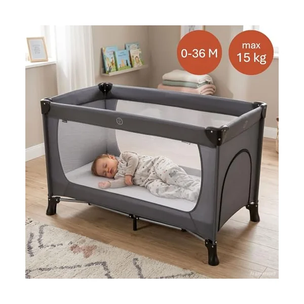 hauck Travel Cot, Small Zip Access, Carry Bag, Dream N Play PLUS Grey