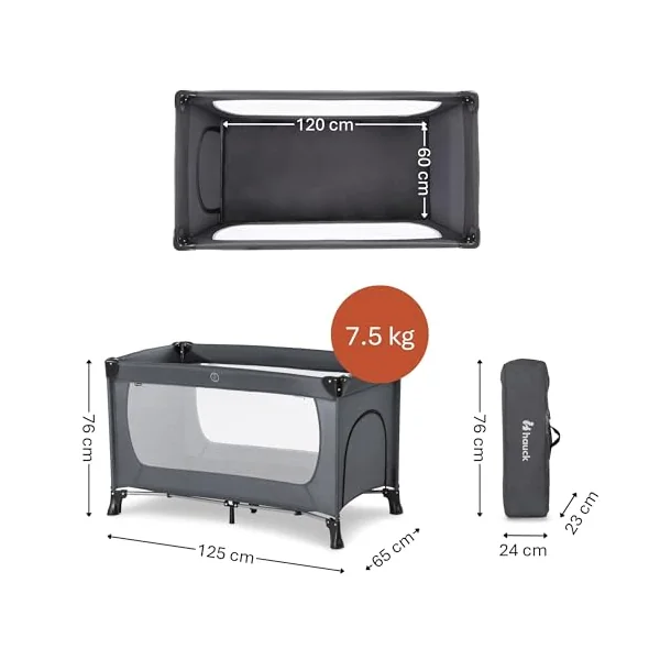 hauck Travel Cot, Small Zip Access, Carry Bag, Dream N Play PLUS Grey