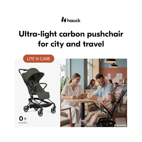 hauck Ultra Light Carbon Pushchair Cabin Approved, Lite N Care Dark Olive | 5.5 kg German Design Award 2026, One-Hand Fold, Rain Cover, Travel Stroller with Carry Strap, XL UPF 50+ Hood, Birth to 22 kg