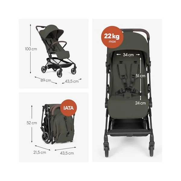 hauck Ultra Light Carbon Pushchair Cabin Approved, Lite N Care Dark Olive | 5.5 kg German Design Award 2026, One-Hand Fold, Rain Cover, Travel Stroller with Carry Strap, XL UPF 50+ Hood, Birth to 22 kg