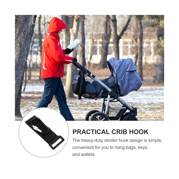Healvian 2 Pcs Pram Hook Sturdy Pram Clips with Pu Strap and Aluminum Alloy, Black, Heavy-Duty for Bags and Keys, for Crib and Traction Belt, Shopping Use