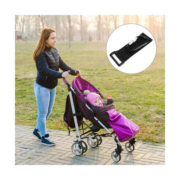 Healvian 2 Pcs Pram Hook Sturdy Pram Clips with Pu Strap and Aluminum Alloy, Black, Heavy-Duty for Bags and Keys, for Crib and Traction Belt, Shopping Use