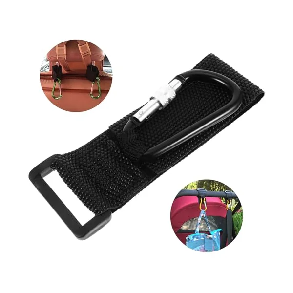 Healvian 2 Pcs Pram Hook Sturdy Pram Clips with Pu Strap and Aluminum Alloy, Black, Heavy-Duty for Bags and Keys, for Crib and Traction Belt, Shopping Use