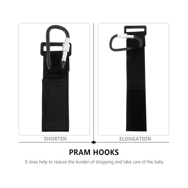 Healvian 2 Pcs Pram Hook Sturdy Pram Clips with Pu Strap and Aluminum Alloy, Black, Heavy-Duty for Bags and Keys, for Crib and Traction Belt, Shopping Use