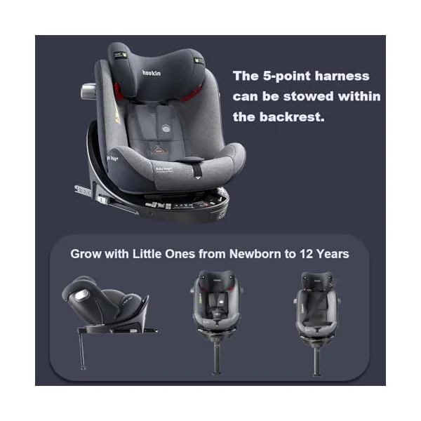 Heekin 360 Swivel i-Size Baby Car Seat with ISOFIX, for Newborn to 12 Years Old (40-150cm), Group 0+/1/2/3, Rear Facing with 4 Recline Positions, with a Sun Cover