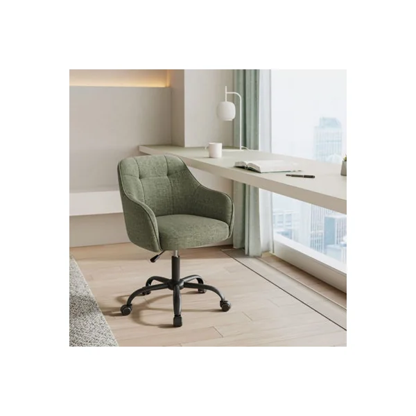 Height Adjustable Desk Chair, Swivel Office Chair with Arms, Cotton-Linen Fabric Vanity Seat, Olive Green