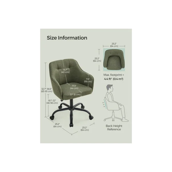 Height Adjustable Desk Chair, Swivel Office Chair with Arms, Cotton-Linen Fabric Vanity Seat, Olive Green