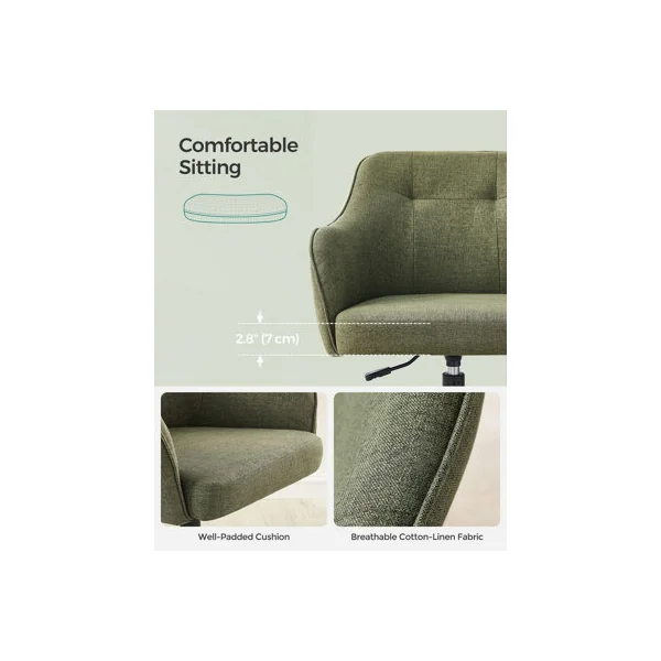 Height Adjustable Desk Chair, Swivel Office Chair with Arms, Cotton-Linen Fabric Vanity Seat, Olive Green