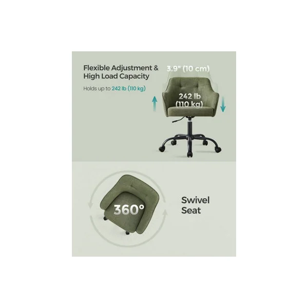Height Adjustable Desk Chair, Swivel Office Chair with Arms, Cotton-Linen Fabric Vanity Seat, Olive Green