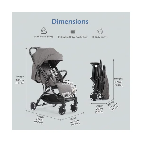 Hello-5ive Baby Stroller, Lightweight Compact Foldable Baby Pushchair with Rain Cover, Mosquito Net, Five-Point Harness, Adjustable Seat, Travel Buggy Pram from Birth 0-3 Years (Dark Grey)