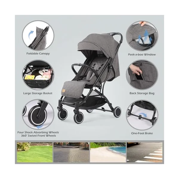 Hello-5ive Baby Stroller, Lightweight Compact Foldable Baby Pushchair with Rain Cover, Mosquito Net, Five-Point Harness, Adjustable Seat, Travel Buggy Pram from Birth 0-3 Years (Dark Grey)
