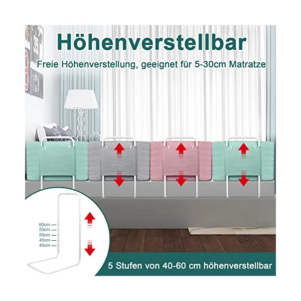 HENGMEI Bed Rail Bed Guard 60cm Children's Bed Rail Height Adjustable Fall Proof Bed Rail 40-60 cm Adjustable Steel Tube for Children's Beds, Parent's Beds, Grey