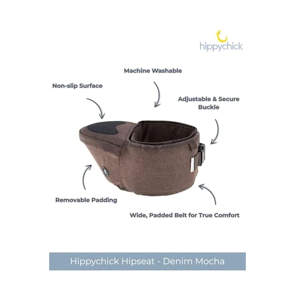 Hippychick Hipseat Baby Carrier, Brown, Lightweight Back-Saving Support Waist Stool, Ergonomic Design, Adjustable Strap, Suitable for Infants from 6 Months to 3 Years, Denim Mocha