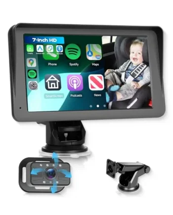 Hodozzy Baby Car Camera with Wireless CarPlay Android Auto, 7 Inch Touch Screen Car Baby Mirror with Bluetooth Night Vision Super Link, 360° Rotatable Rear Facing Car Seat Monitor FM/AUX/Type-C/SD