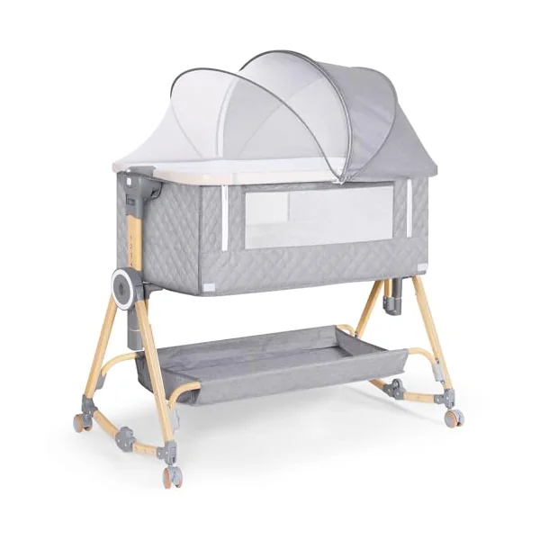 HOLAVIDA 5 in 1 Bedside Crib, Next to Me Crib, 7 Level Adjustable Baby Bassinet with Changing Table, Storage Basket, Mosquito Net, Mattress, Portable Travel Cot for Newborn/Infants (Grey)