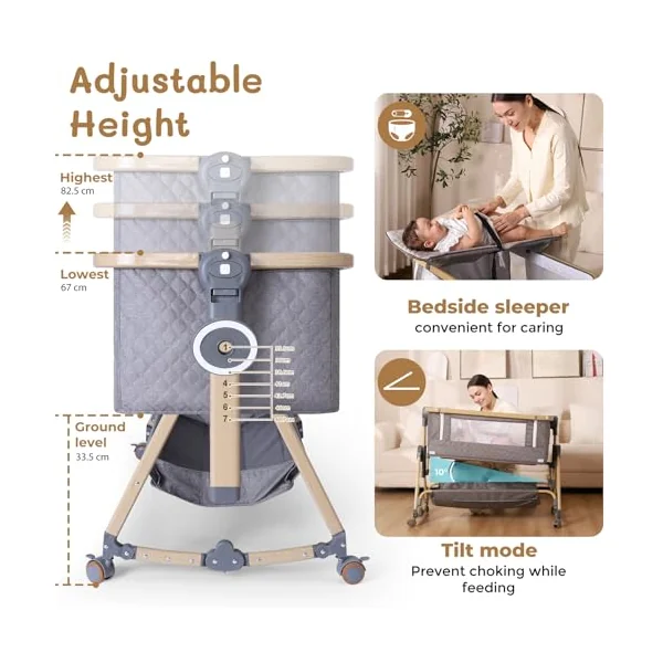 HOLAVIDA 5 in 1 Bedside Crib, Next to Me Crib, 7 Level Adjustable Baby Bassinet with Changing Table, Storage Basket, Mosquito Net, Mattress, Portable Travel Cot for Newborn/Infants (Grey)