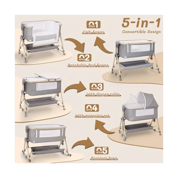 HOLAVIDA 5 in 1 Bedside Crib, Next to Me Crib, 7 Level Adjustable Baby Bassinet with Changing Table, Storage Basket, Mosquito Net, Mattress, Portable Travel Cot for Newborn/Infants (Grey)