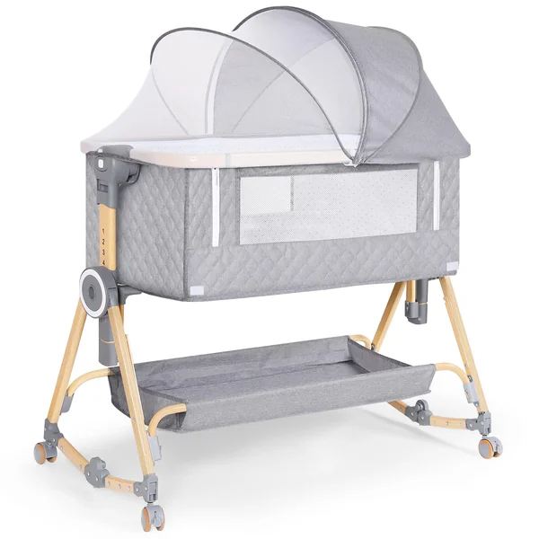 HOLAVIDA 5 in 1 Bedside Crib, Next to Me Crib, 7 Level Adjustable Baby Bassinet with Changing Table, Storage Basket, Mosquito Net, Mattress, Portable Travel Cot for Newborn/Infants (Grey)