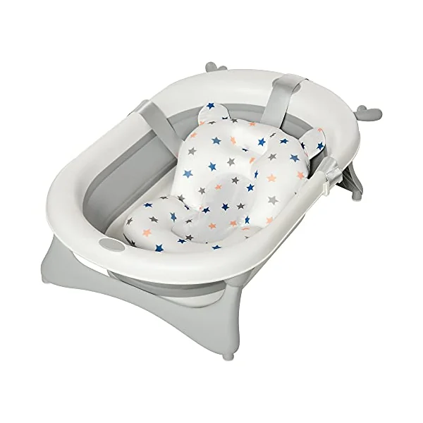 HOMCOM Foldable Baby Bathtub Set Non-Slip Support for Newborn Offwhite | Collapsible Bath Tub, Thermostatic Water Plug, Cushion Pad, Drain Plugs, Newborn to 3 Years