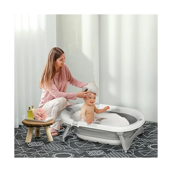 HOMCOM Foldable Baby Bathtub Set Non-Slip Support for Newborn Offwhite | Collapsible Bath Tub, Thermostatic Water Plug, Cushion Pad, Drain Plugs, Newborn to 3 Years