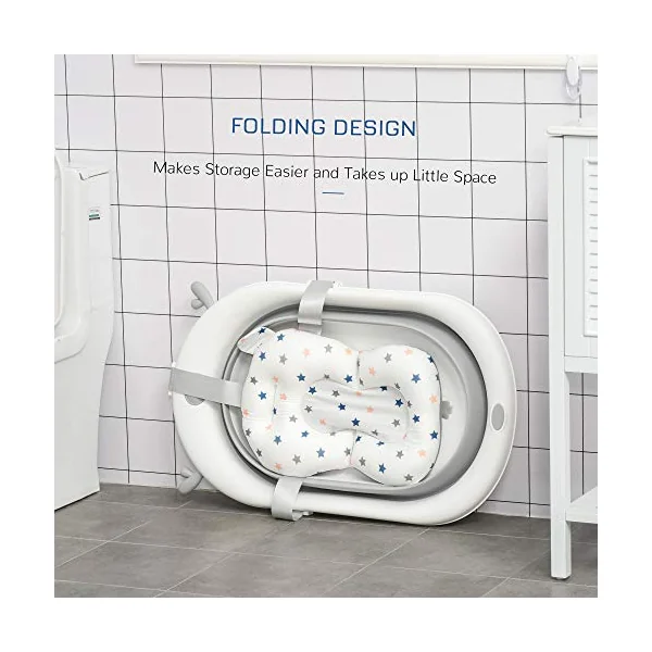 HOMCOM Foldable Baby Bathtub Set Non-Slip Support for Newborn Offwhite | Collapsible Bath Tub, Thermostatic Water Plug, Cushion Pad, Drain Plugs, Newborn to 3 Years