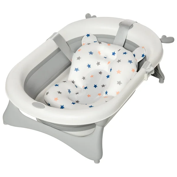 HOMCOM Foldable Baby Bathtub Set Non-Slip Support for Newborn Offwhite | Collapsible Bath Tub, Thermostatic Water Plug, Cushion Pad, Drain Plugs, Newborn to 3 Years