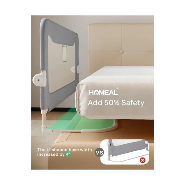 HOMEAL Bed Rail for Toddlers,47" x 26" Grey, Long Tall Foldable Baby Bed Rail Guard for Easy Use and Storage, U-Shaped Base Width Increased by 4", Suitable for Twin, Full, Queen, King Size Bed
