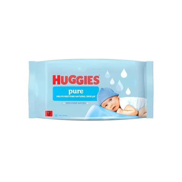 Huggies Pure Plastic Free Baby Wipes - Single Pack (48 Wipes) – 99% Water Wet Wipes, Fragrance Free, Hypoallergenic, Better Cleaning, Soft and Gentle on Babies' Delicate Skin